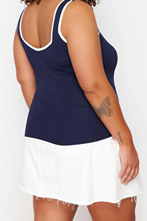 Moda Büyük Beden Kalp Yaka Triko Fit Düz Desen Casual Günlük Regular Askılı Kol Bluz