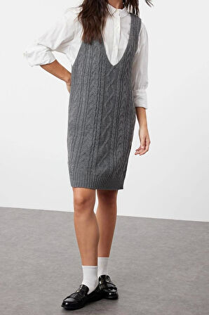 Moda Regular Casual Günlük Çift Plaka Triko V Yaka Askılı Kol Jile Mini Boy Elbise