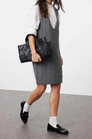 Moda Regular Casual Günlük Çift Plaka Triko V Yaka Askılı Kol Jile Mini Boy Elbise