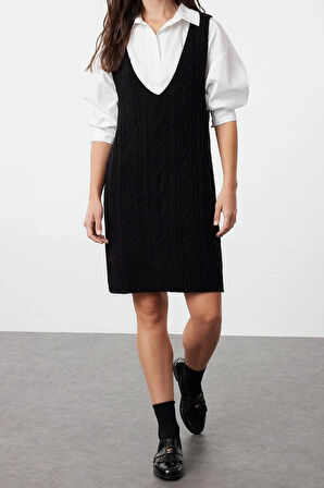 Moda Regular Casual Günlük Çift Plaka Triko V Yaka Askılı Kol Jile Mini Boy Elbise