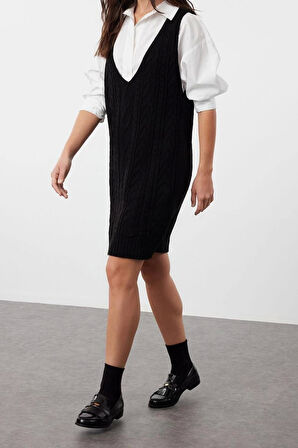 Moda Regular Casual Günlük Çift Plaka Triko V Yaka Askılı Kol Jile Mini Boy Elbise