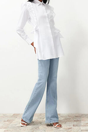 Moda Kadın Tesettür Gömlek Yaka Düz Desen Günlük Brodeli Pamuklu Dokuma Gömlek