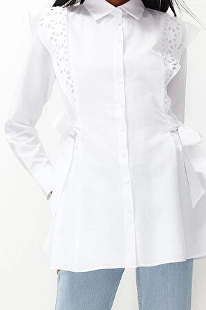 Moda Kadın Tesettür Gömlek Yaka Düz Desen Günlük Brodeli Pamuklu Dokuma Gömlek