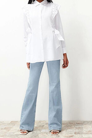 Moda Kadın Tesettür Gömlek Yaka Düz Desen Günlük Brodeli Pamuklu Dokuma Gömlek