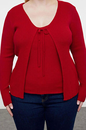 Büyük Beden Kadın Modern Tarz Rahat Uzun V Yaka Düz Kol Crop Triko Hırka Atlet Takım