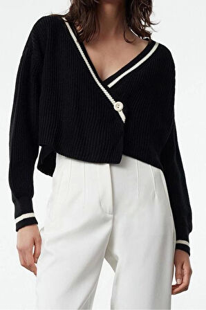 Kadın Modern Tarz Regular Kruvaze Crop Triko Hırka