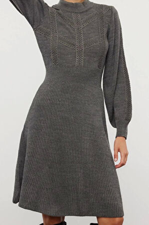 Moda Stil Regular Dik Yaka Mini Boy Triko Dantelli Elbise