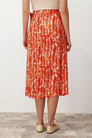 Moda Regular Çiçekli Desen Günlük Midi Boy Kruvaze Viskon Kumaş Midi Boy Dokuma Etek