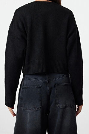 Kadın Modern Tarz Regular Bisiklet Yaka Crop Triko Hırka