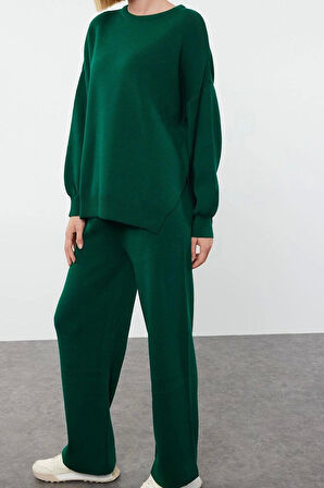 Tarz Kadın Modern Moda Normal Bel Boru Paça Bisiklet Yaka Geniş Kalıp Balon Kol Triko Alt-Üst Takım