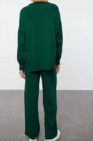 Tarz Kadın Modern Moda Normal Bel Boru Paça Bisiklet Yaka Geniş Kalıp Balon Kol Triko Alt-Üst Takım