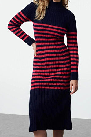 Moda Stil Slim Dik Yaka Maxi Boy Triko Çizgili Elbise