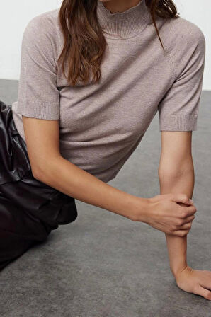 Moda Dik Yaka Triko Slim Düz Desen Casual Günlük Regular Kısa Kol Bluz