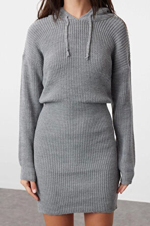 Moda Regular Casual Günlük Dolu İğne Triko Kapüşonlu Uzun Kol Kazak Elbise Mini Boy Elbise