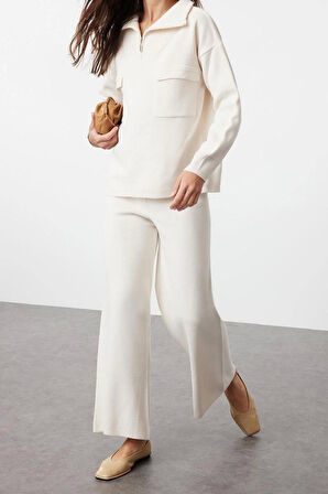 Moda Triko Düz Dik Yaka Düşük Kol Casual Günlük Geniş Kalıp Fermuarlı ve Cepli Triko Alt-Üst Takım