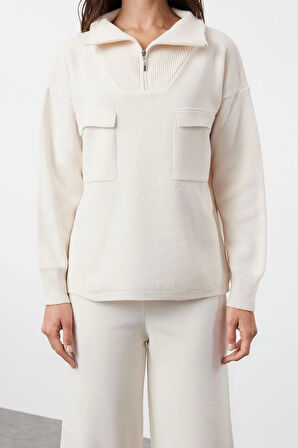 Moda Triko Düz Dik Yaka Düşük Kol Casual Günlük Geniş Kalıp Fermuarlı ve Cepli Triko Alt-Üst Takım