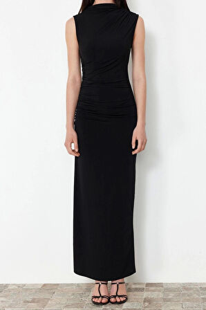 Moda Slim Gündüz Gece Kalın Sandy Örme Dik Yaka Kolsuz Kol Bodycone Maxi Boy Elbise