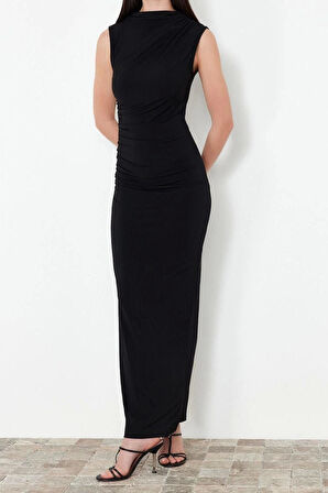 Moda Slim Gündüz Gece Kalın Sandy Örme Dik Yaka Kolsuz Kol Bodycone Maxi Boy Elbise