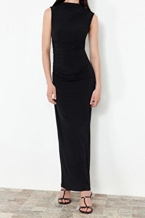 Moda Slim Gündüz Gece Kalın Sandy Örme Dik Yaka Kolsuz Kol Bodycone Maxi Boy Elbise