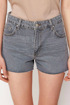 Moda Denim Yüksek Bel Geniş Paça Gündelik Gri Mini Şort