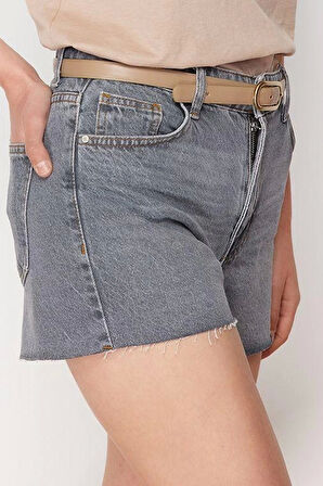 Moda Denim Yüksek Bel Geniş Paça Gündelik Gri Mini Şort