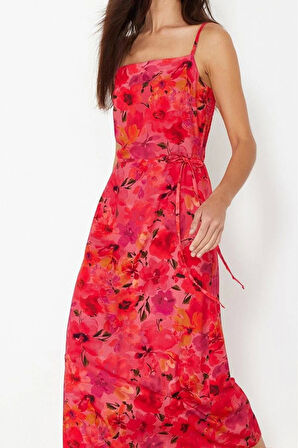 Moda Stil Regular Kare Yaka Midi Boy Puantiyeli A Kesim Dokuma Elbise