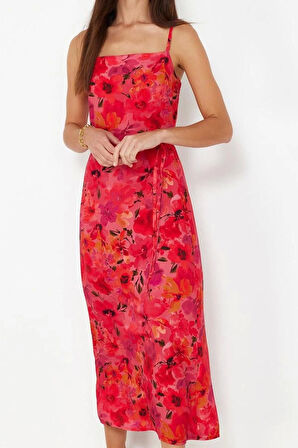 Moda Stil Regular Kare Yaka Midi Boy Puantiyeli A Kesim Dokuma Elbise