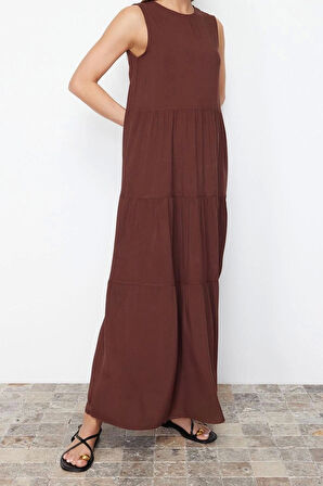 Moda Regular Casual Günlük Shally Dokuma Bisiklet Yaka Kolsuz Kol Shift Maxi Boy Elbise