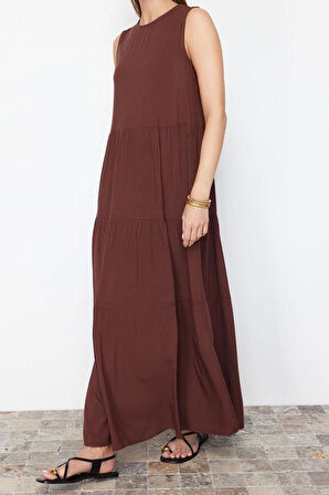 Moda Regular Casual Günlük Shally Dokuma Bisiklet Yaka Kolsuz Kol Shift Maxi Boy Elbise
