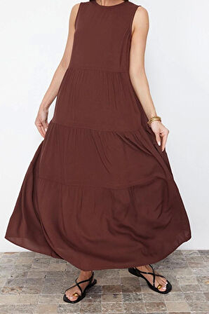 Moda Regular Casual Günlük Shally Dokuma Bisiklet Yaka Kolsuz Kol Shift Maxi Boy Elbise