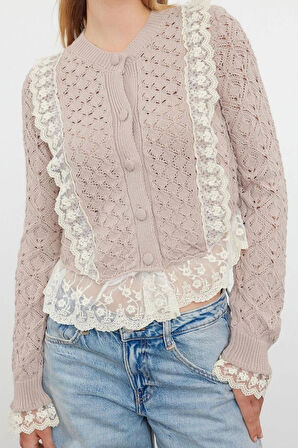 Kadın Modern Tarz Regular Bisiklet Yaka Crop Triko Hırka