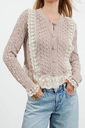 Kadın Modern Tarz Regular Bisiklet Yaka Crop Triko Hırka