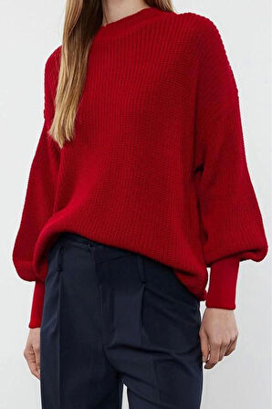 Stil Modern Kadın Regular Balon Kol Bisiklet Yaka Geniş Kalıp Basic Triko Kazak