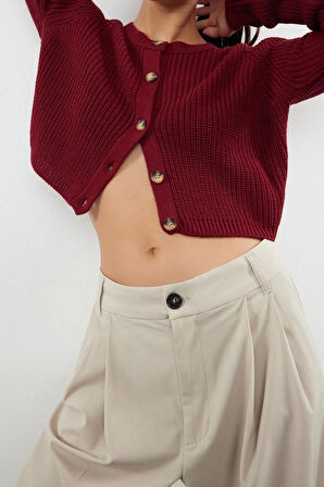 Kadın Modern Tarz Regular Bisiklet Yaka Crop Triko Hırka