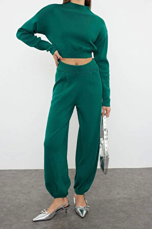Moda Triko Yarım Balıkçı Yaka Casual Günlük Siyah Süper Crop Jogger Pantolonlu Triko Alt-Üst Takım