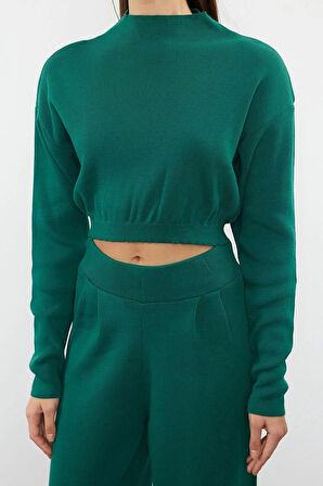 Moda Triko Yarım Balıkçı Yaka Casual Günlük Siyah Süper Crop Jogger Pantolonlu Triko Alt-Üst Takım