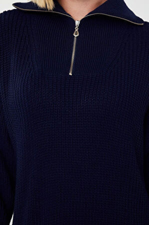 Moda Stil Regular Dik Yaka Mini Boy Triko Fermuarlı Elbise