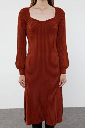 Moda Stil Slim Kalp Yaka Midi Boy Triko Elbise
