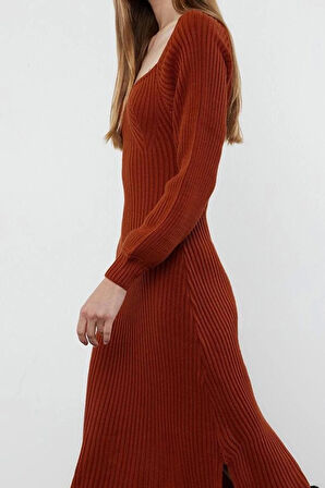 Moda Stil Slim Kalp Yaka Midi Boy Triko Elbise