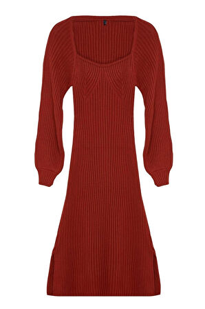 Moda Stil Slim Kalp Yaka Midi Boy Triko Elbise