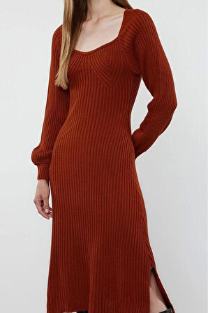 Moda Stil Slim Kalp Yaka Midi Boy Triko Elbise