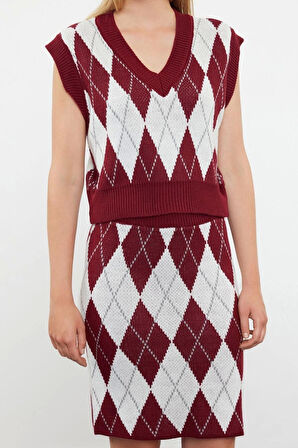 Tarz Kadın Modern Moda Normal Bel Geniş Paça V Yaka Crop Desenli Jakarlı Triko Alt-Üst Takım