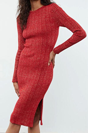 Moda Stil Slim Bisiklet Yaka Midi Boy Simli Triko Elbise