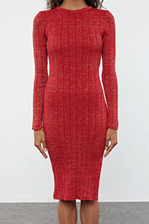 Moda Stil Slim Bisiklet Yaka Midi Boy Simli Triko Elbise