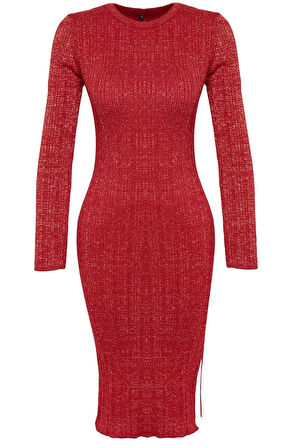 Moda Stil Slim Bisiklet Yaka Midi Boy Simli Triko Elbise