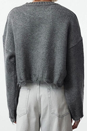 Kadın Modern Tarz Rahat Uzun Bisiklet Yaka Düz Kol Crop Triko Kazak