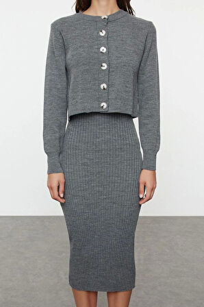 Moda Stil Regular Bisiklet Yaka Midi Boy Triko Basic Hırkalı Elbise