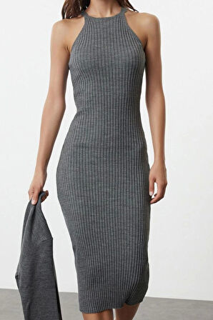 Moda Stil Regular Bisiklet Yaka Midi Boy Triko Basic Hırkalı Elbise