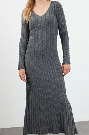 Moda Stil Regular V Yaka Maxi Boy Triko Saç Örgü Basic Elbise