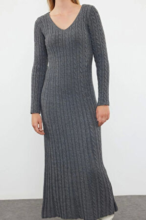 Moda Stil Regular V Yaka Maxi Boy Triko Saç Örgü Basic Elbise